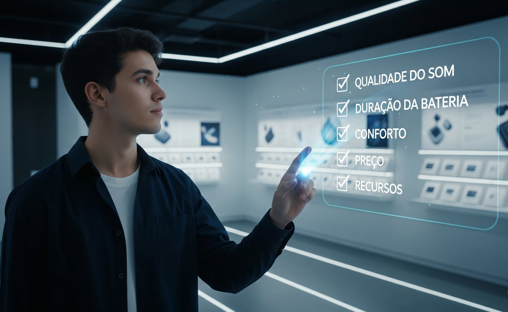 Um homem segurando um smartphone em frente a uma vitrine de celulares.
