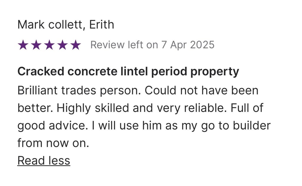 Five-star customer review for a builder repairing a cracked concrete lintel in a period property.