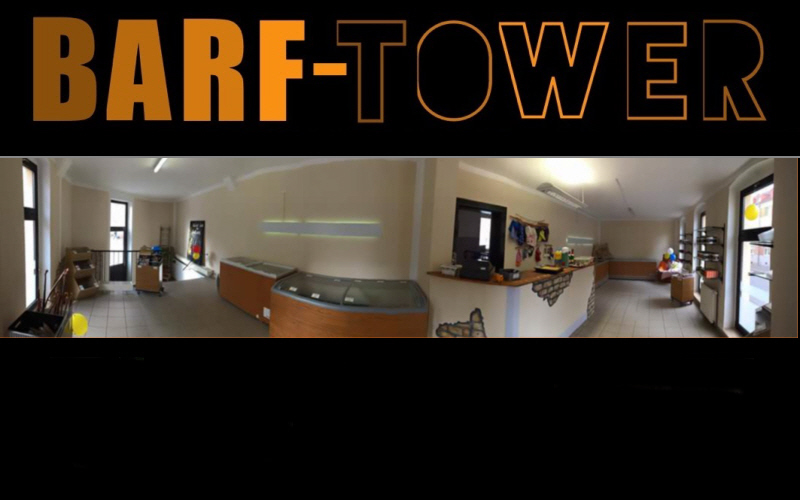 Barf-Tower Logo und Innenansicht der Verkaufsfläche