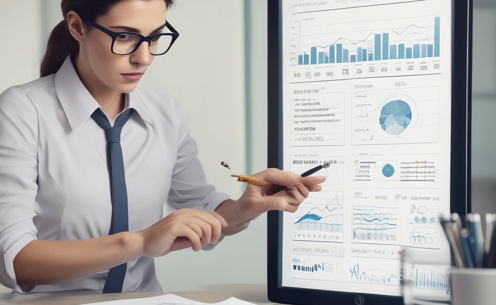 A focused consultant analyzing financial charts on a sleek laptop in a minimalist office.