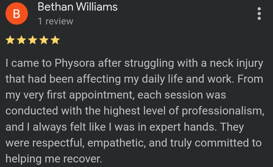 Physora Physio Google review for joint pain physiotherapy in Neath