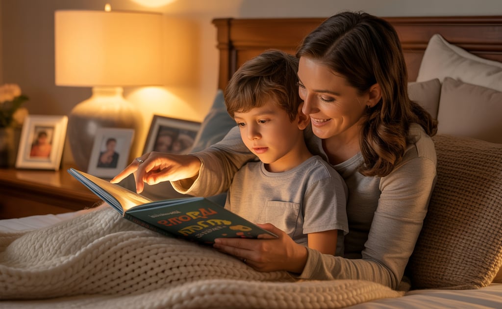 a woman and child reading a book together