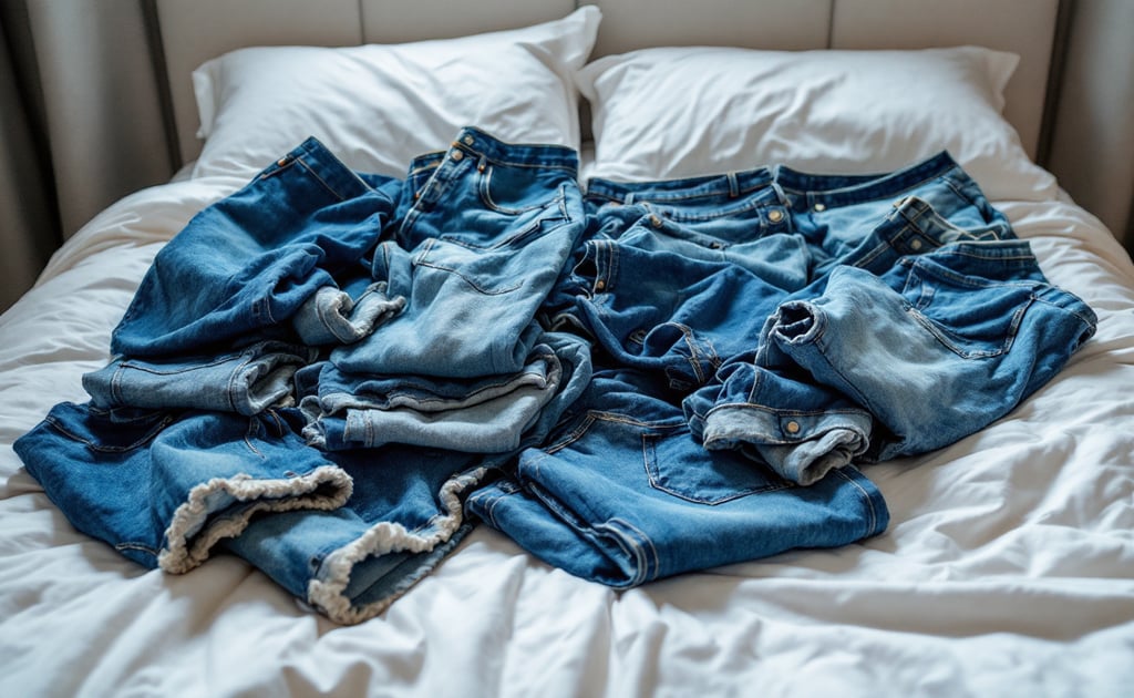 several old pairs of blue jeans laying on a bed
