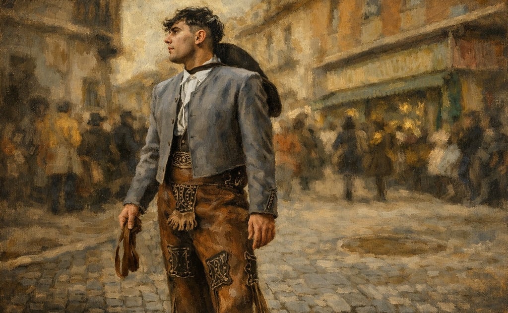 Oil-style portrait of a vaquillero in traditional dress standing on a cobbled street during La Vaquilla festival.