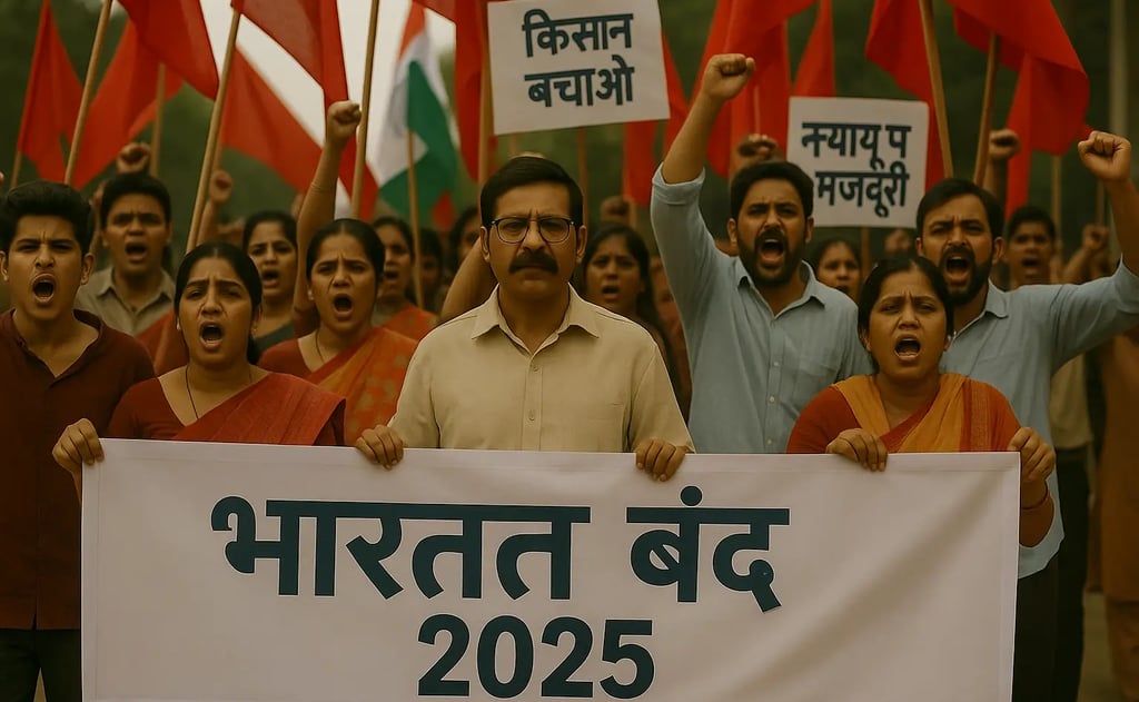Protesters during Bharat Bandh 2025 in India carrying banners