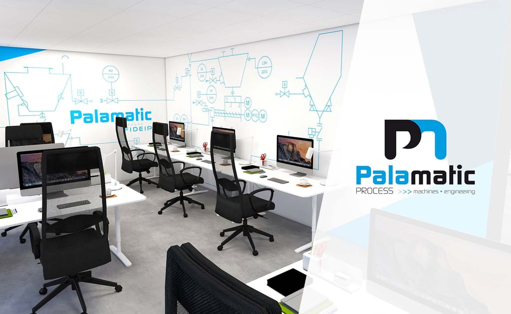 Modern industrial engineering office at Palamatic Process featuring rows of computer workstations and technical wall