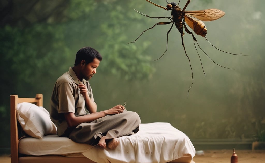 A vibrant green-themed banner showing a mobile phone displaying the winatrip health contest interface with malaria quiz questions.