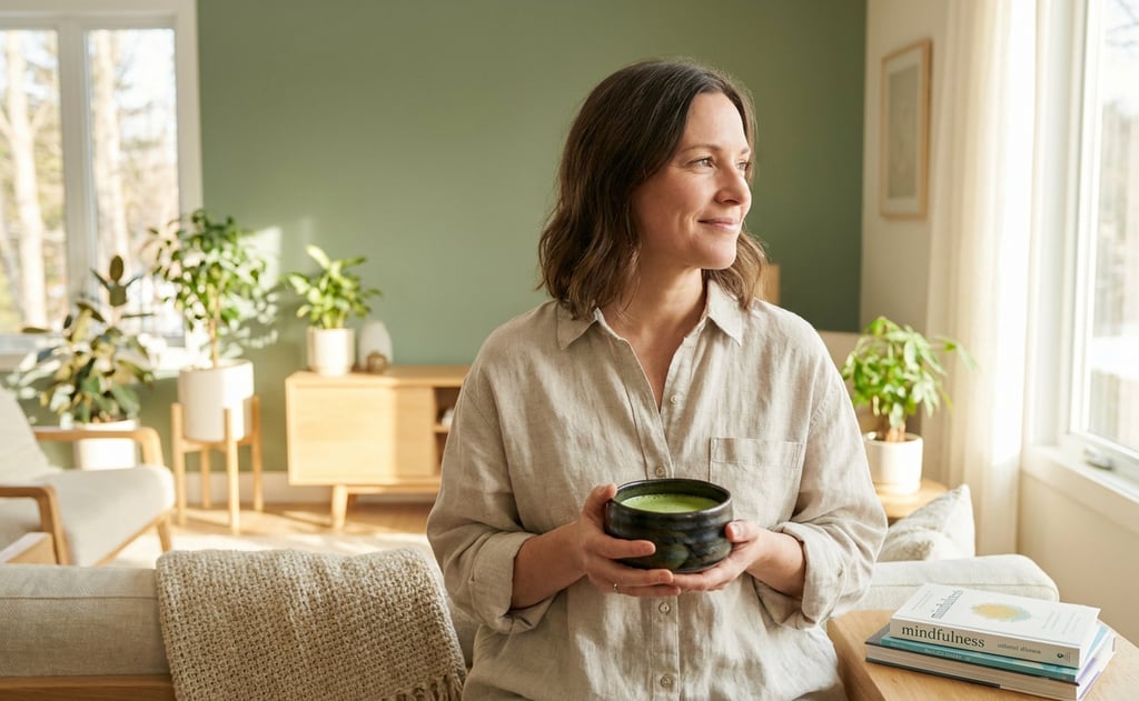 Woman enjoying a mindful matcha ritual to create calm energy and reduce stress in the morning.