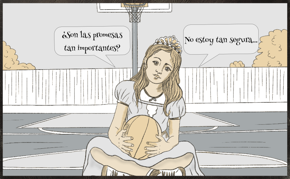 Illustration of a girl in a princess dress holding a basketball on a court, questioning the importance of promises.