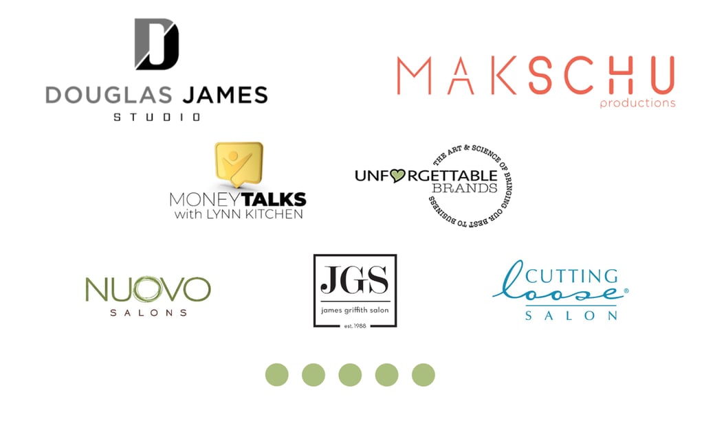 logos for Douglas James studio, Makschu Productions, Money Talks, UnforgettableBrands, Nuovo Salons,
