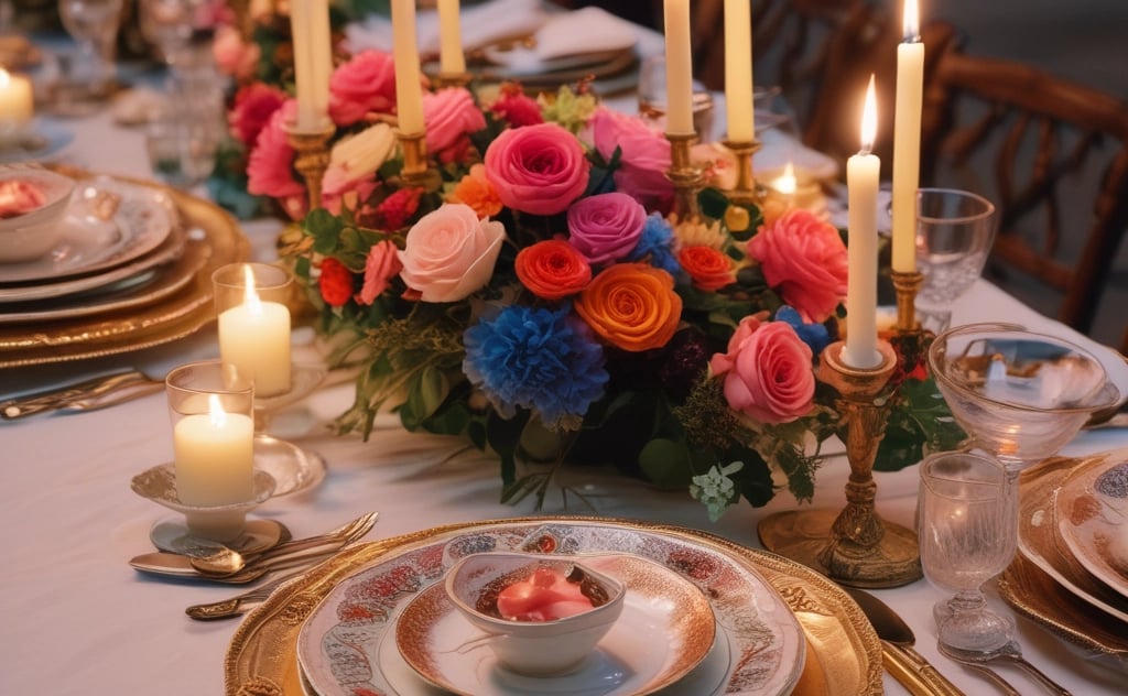 An arrangement on a table includes a lit candle in a dark container labeled 'Gardener' and a glass jar labeled 'Sea Salt & Sage'. Behind them, a small vase holds dried flowers and eucalyptus. Soft ambient lights in the background create a warm and cozy atmosphere.