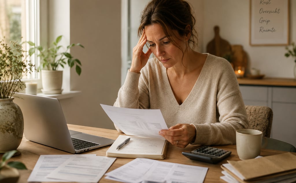 Stressed woman managing home finances and bills with a laptop and calculator at her desk.
