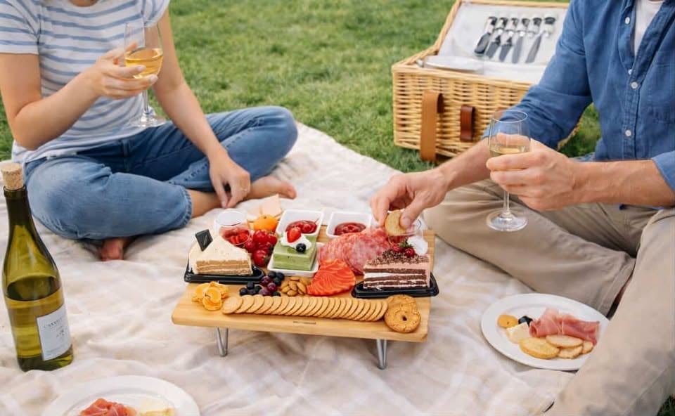 Couple enjoying picnic charcuterie board with wine outdoors