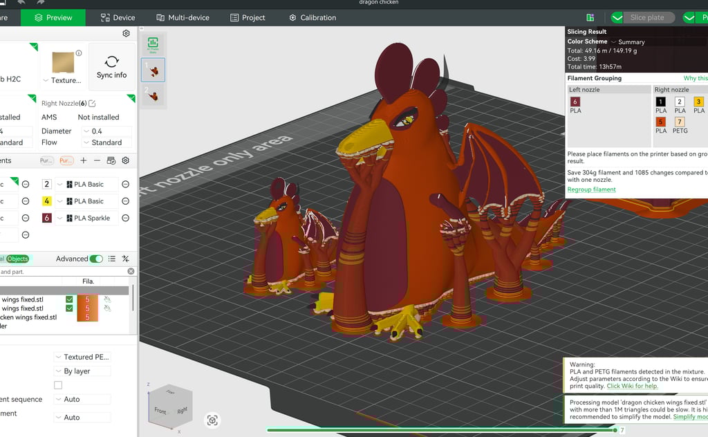 Bambu lab slicer preparing Emulab dragon chickens for production.