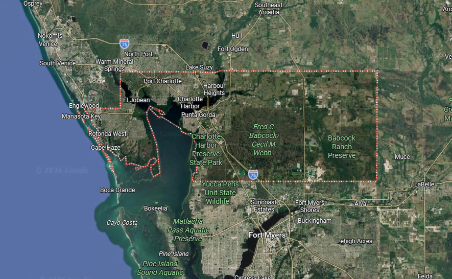Aerial satellite map of Southwest Florida showing Charlotte Harbor, Punta Gorda, and Babcock Ranch Preserve.