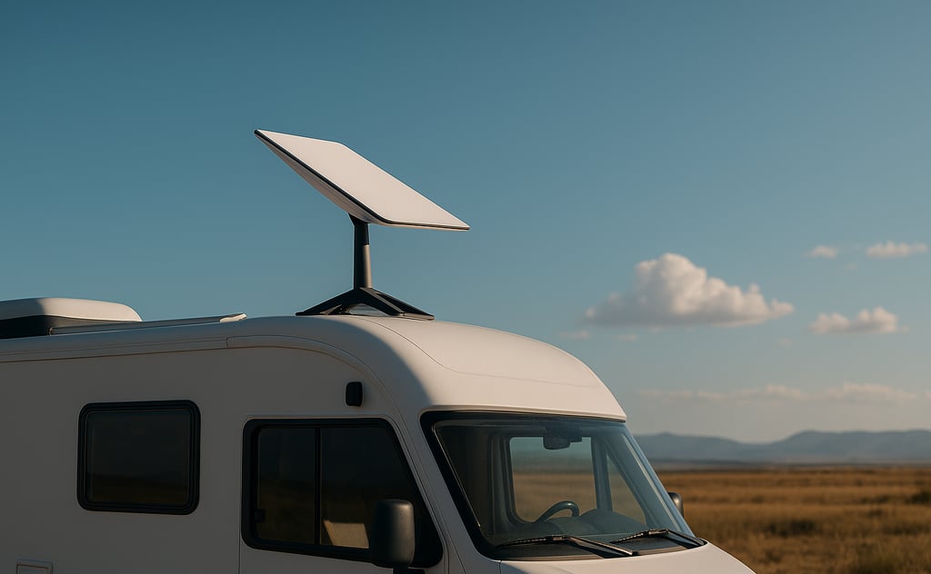 Antena Starlink Mini instalada no teto de um motorhome branco, estacionado em uma paisagem de campo