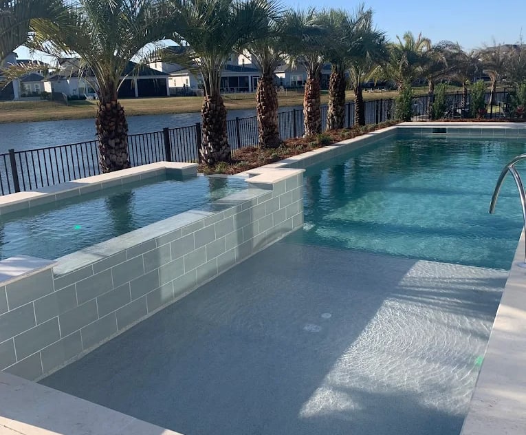Luxury backyard swimming pool with a modern sun shelf, raised spa, and tropical palm trees overlooking a lake.