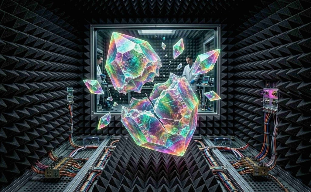 A professional audio mastering studio with anechoic acoustic foam panels on the walls and ceiling.