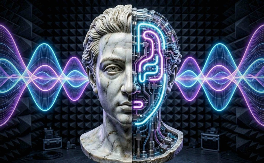 A visual breakdown of cognitive acoustics featuring a split classical marble bust of Mozart.