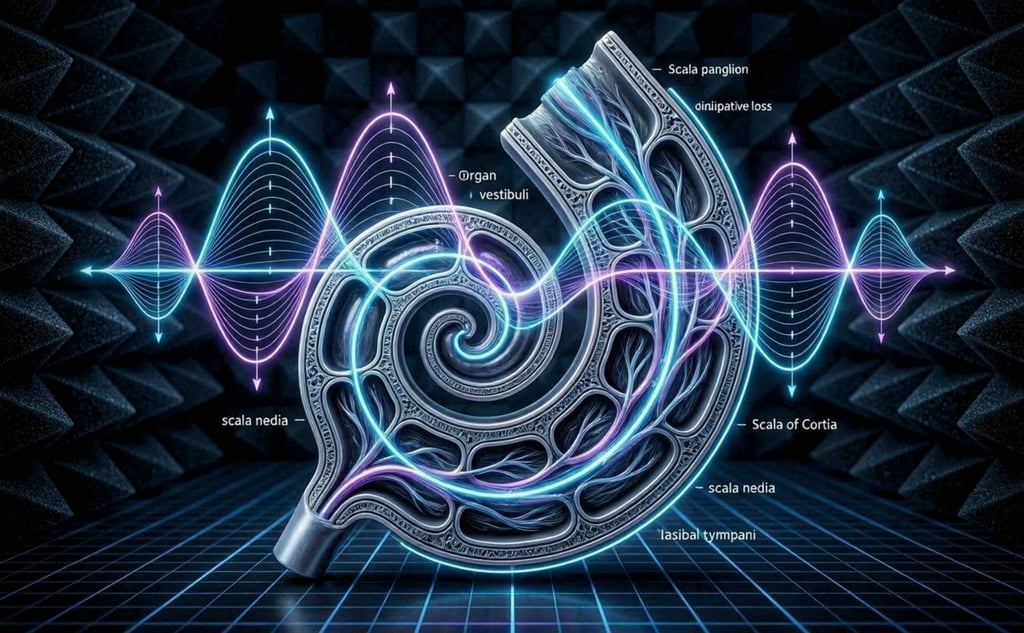 A hyper-detailed, technical cross-section diagram of a human cochlea.