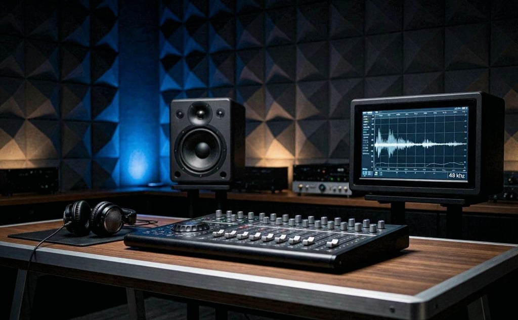 Modern professional audio studio setup with premium headphones, studio monitors displaying sound.