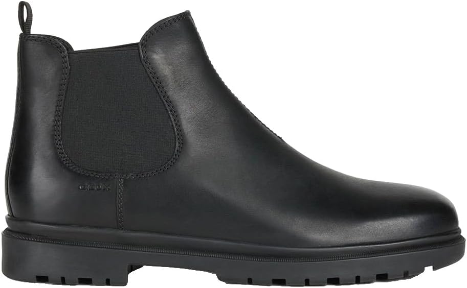 Black leather Geox Chelsea boots for women with elastic side panels and a durable lug sole.