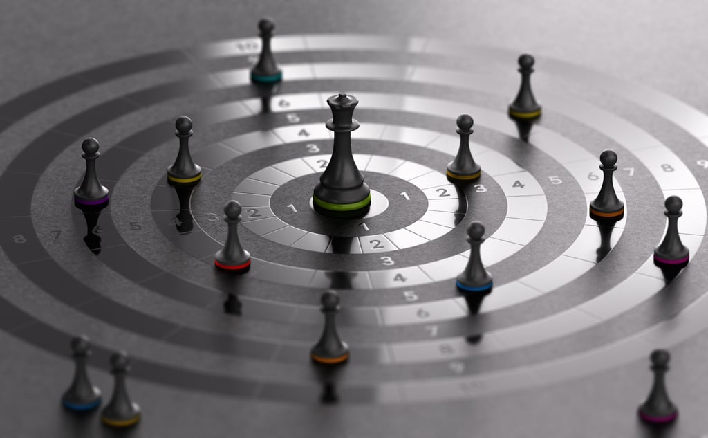 Chess pieces on a target board illustrating strategic leadership principles.