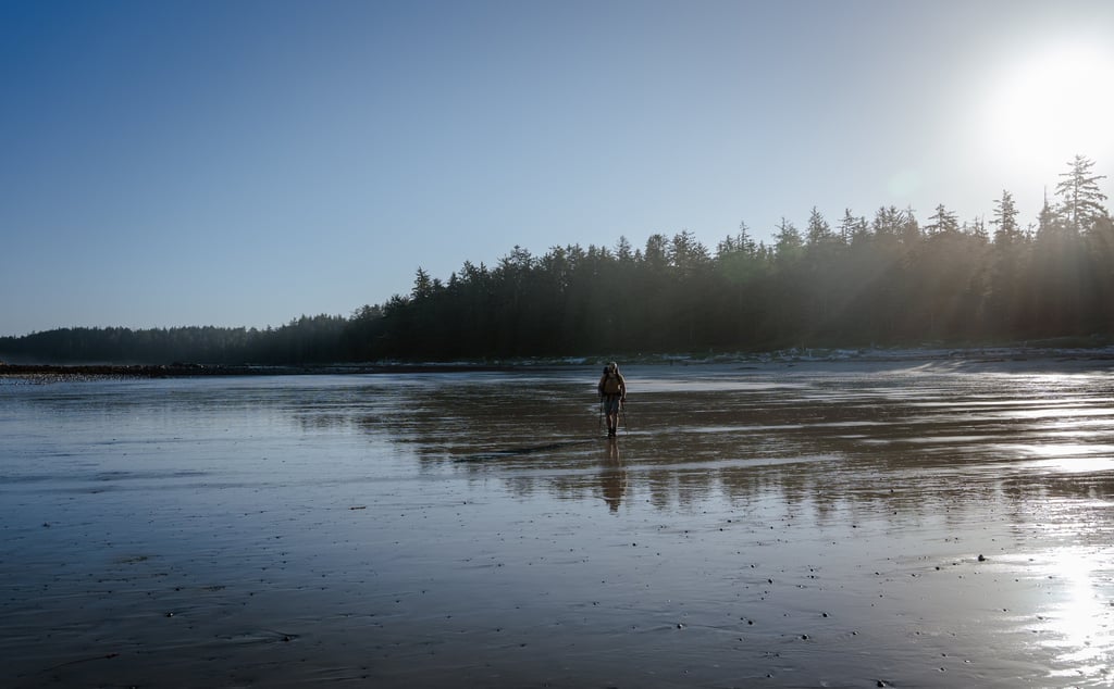 a person walking on a long stretched sandy beach