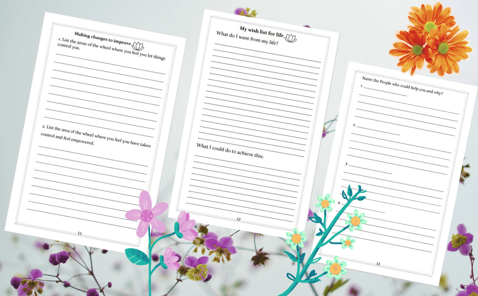 A series of pages from a mental health journal with a background image of flowers