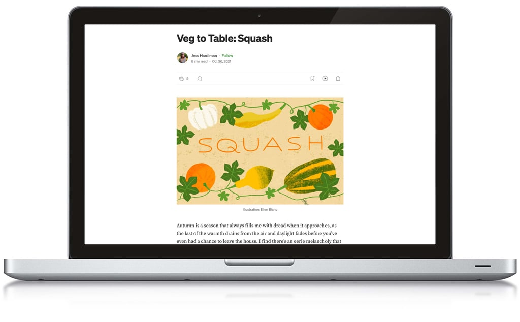 A blog post about seasonal eating in October is shown on a laptop screen.