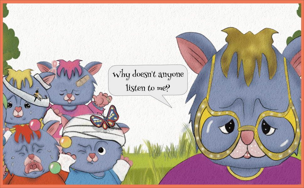 Sad cartoon possum character with glasses feeling unheard by her injured possums babies under a tree