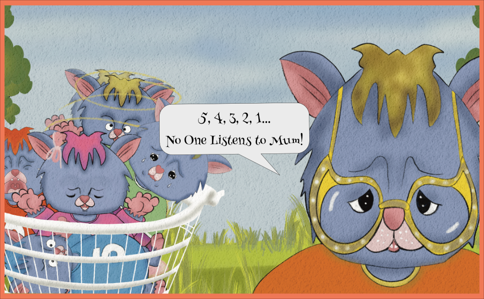 Illustration of an overwhelmed mum  possum with her babies in a clothes baskete Listens to Mum.