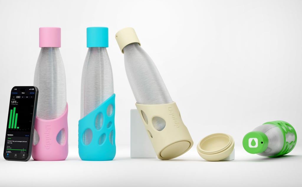 smart bottle that can store pills and other items. cute pink water bottle, blue water bottle