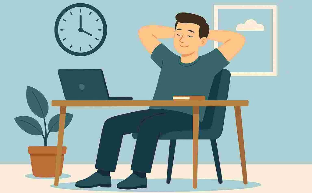 en nöjd man som sitter vid skrivbordet med en dator och en klocka