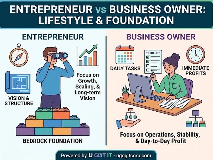 A comparison infographic titled 'Entrepreneur vs Business Owner.' The Entrepreneur side features ico