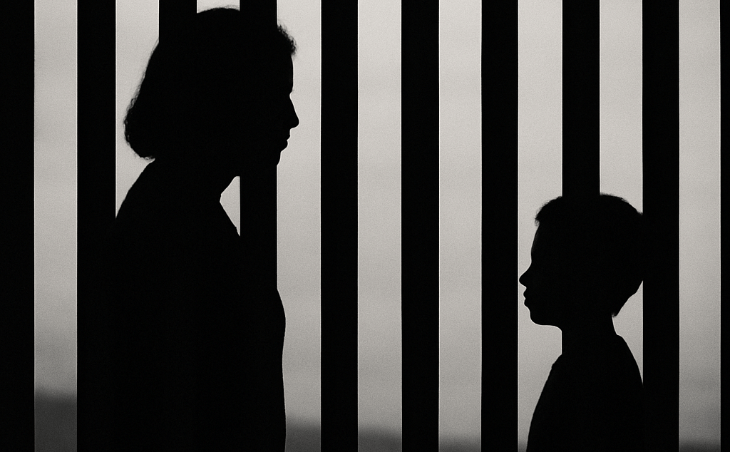 Madre y niño separados por una valla fronteriza, símbolo de violaciones a los derechos civiles y el
