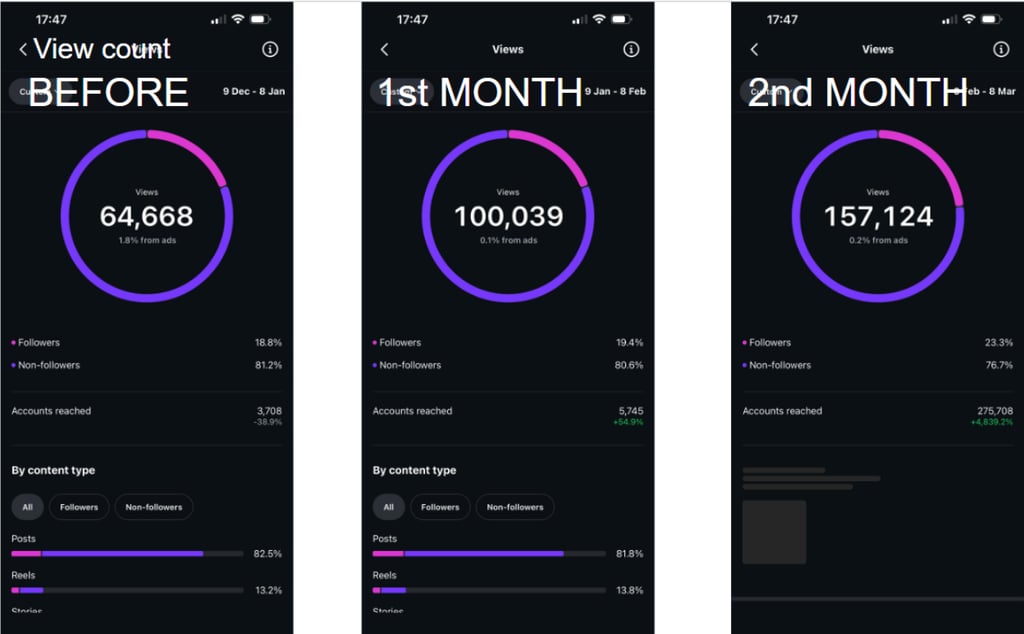 Instagram view count analytics screenshots