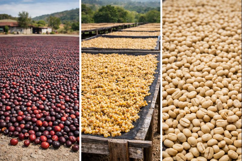 Três métodos de processamento de café brasileiro: natural, pulped natural e lavado