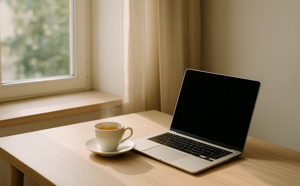 a laptop, a steaming cup of jasmine tea