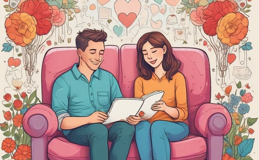 Illustration of couple journaling emotional intimacy prompts, surrounded by hearts, calendar.