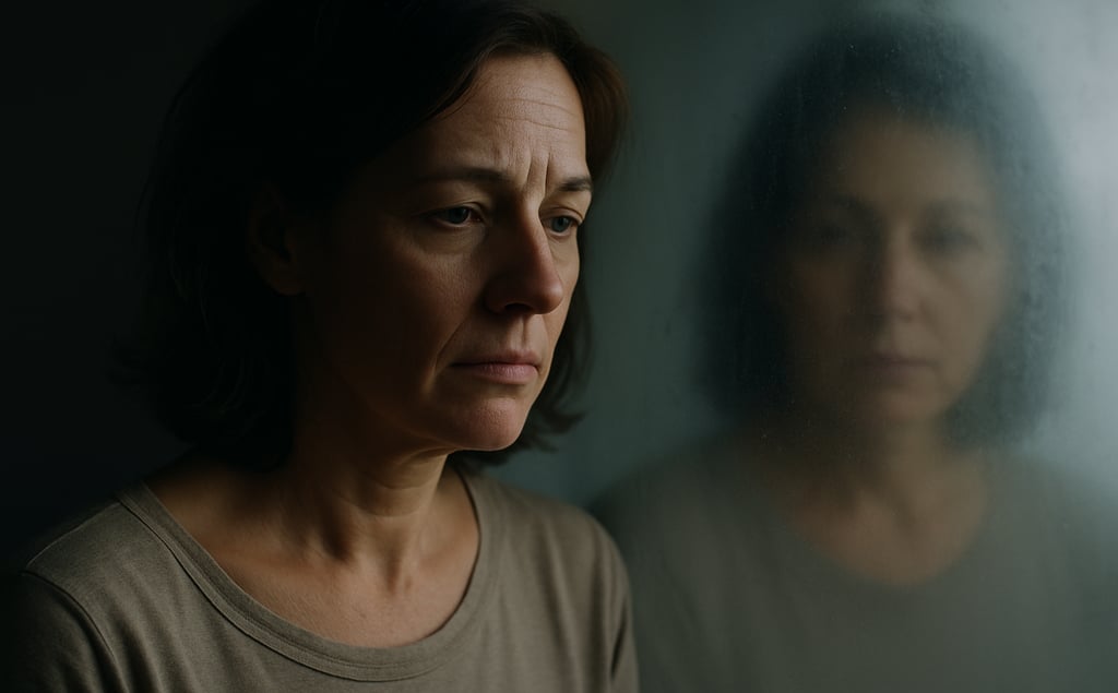 a woman’s reflection in a fogged mirror saying “this isn’t me anymore.