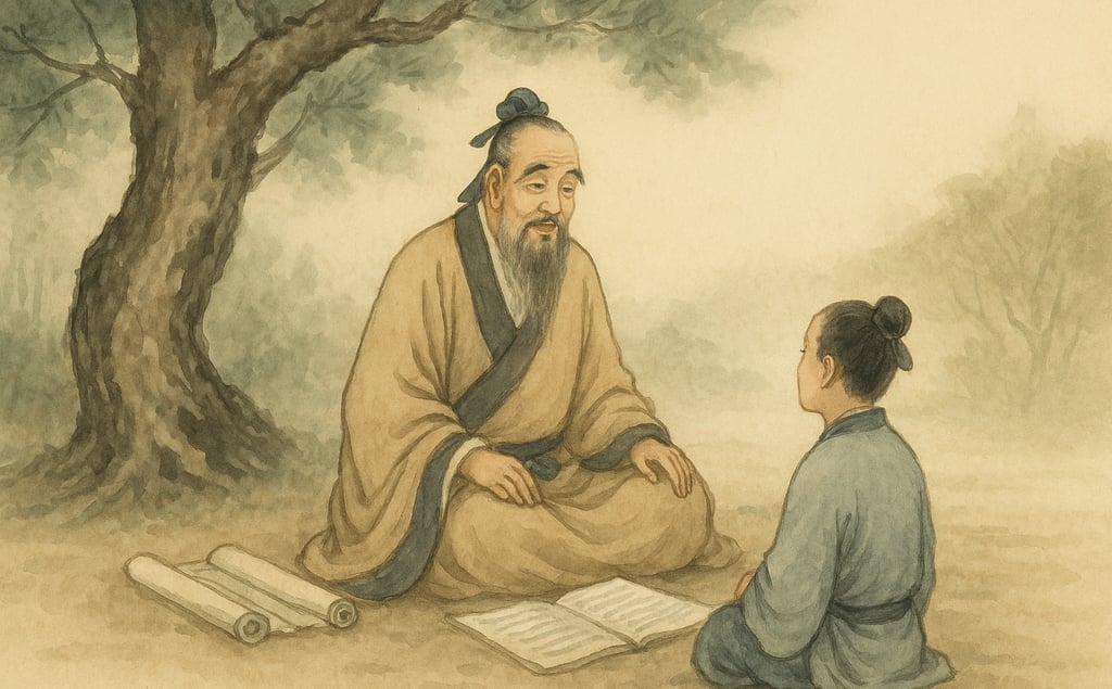Confucius under a tree listening to a younger student—symbolizing wisdom passed through the ages