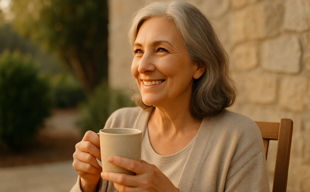 A woman in her 60s sitting outside in early morning light, sipping tea and smiling quietly.