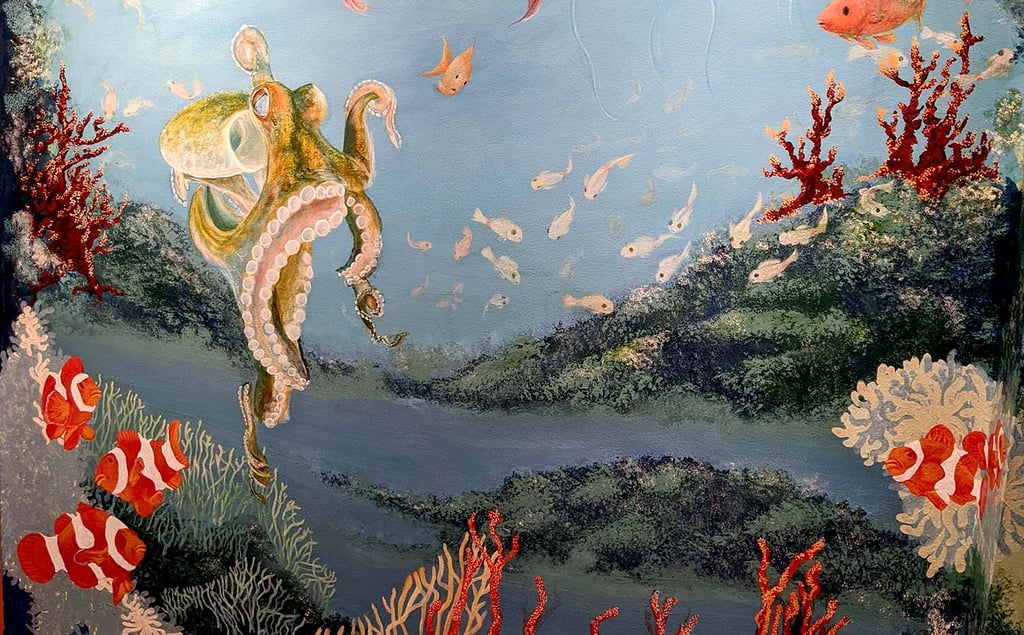 A section of a large wall mural depicting a deep coral reef with Florida Straights wildlife.