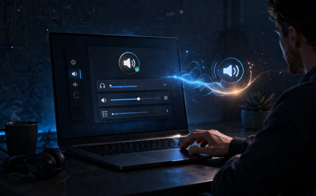 Uma pessoa ajustando as configurações de áudio em um laptop