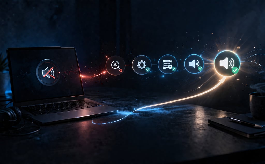 Fluxo de trabalho digital exibindo ícones de solução de problemas de áudio na tela 