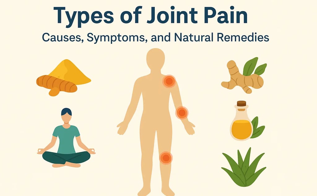 Human body highlighting joint pain areas with natural remedies like turmeric, ginger, aloe vera etc.