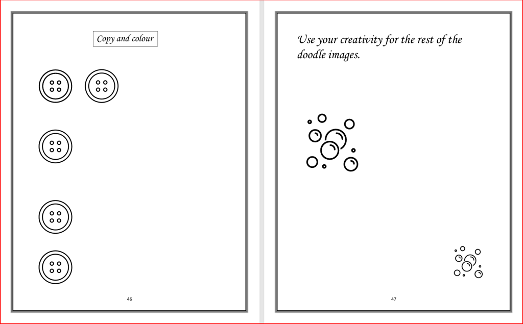 A doodling sheet of a picture of a buttonhole and bubbles