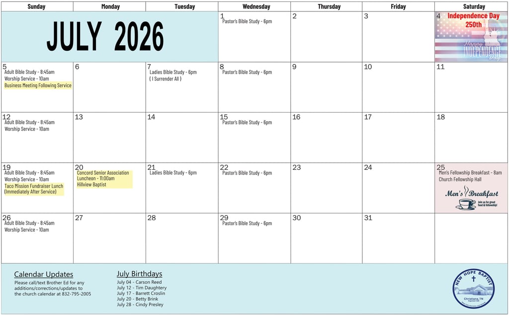 July Calendar Events