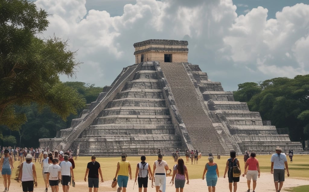 Overhead perspective of a guide explaining the significance of the Great Ball Court to a small, attentive group.
